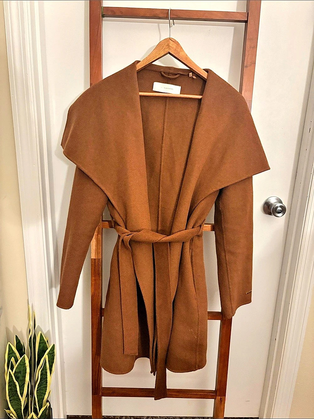 T Tahari Belted Wool Blend Wrap Coat in Brown Size M